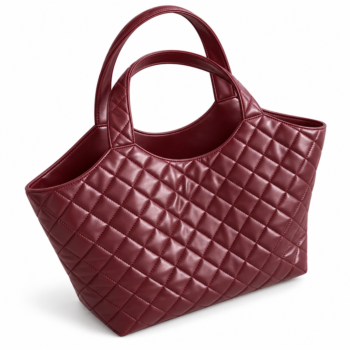 Burgundy Quilted Vegan Leather Shoulder Tote-3