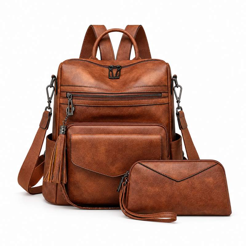 Vintage Brown Backpack With Matching Wristlet-4
