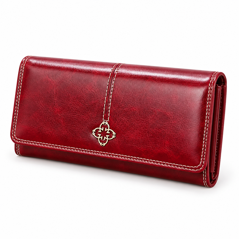 Burgundy Long Wallet With Gold Emblem-2