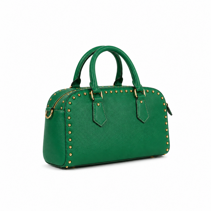 Green Studded Structured Satchel Handbag-1