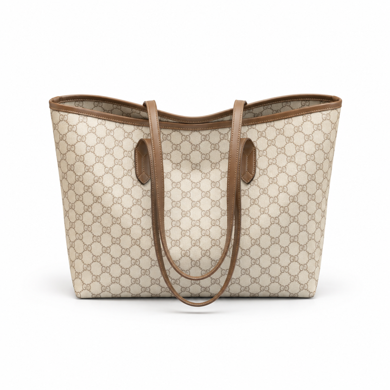 Beige Monogram Brown Trim Tote Bag-2