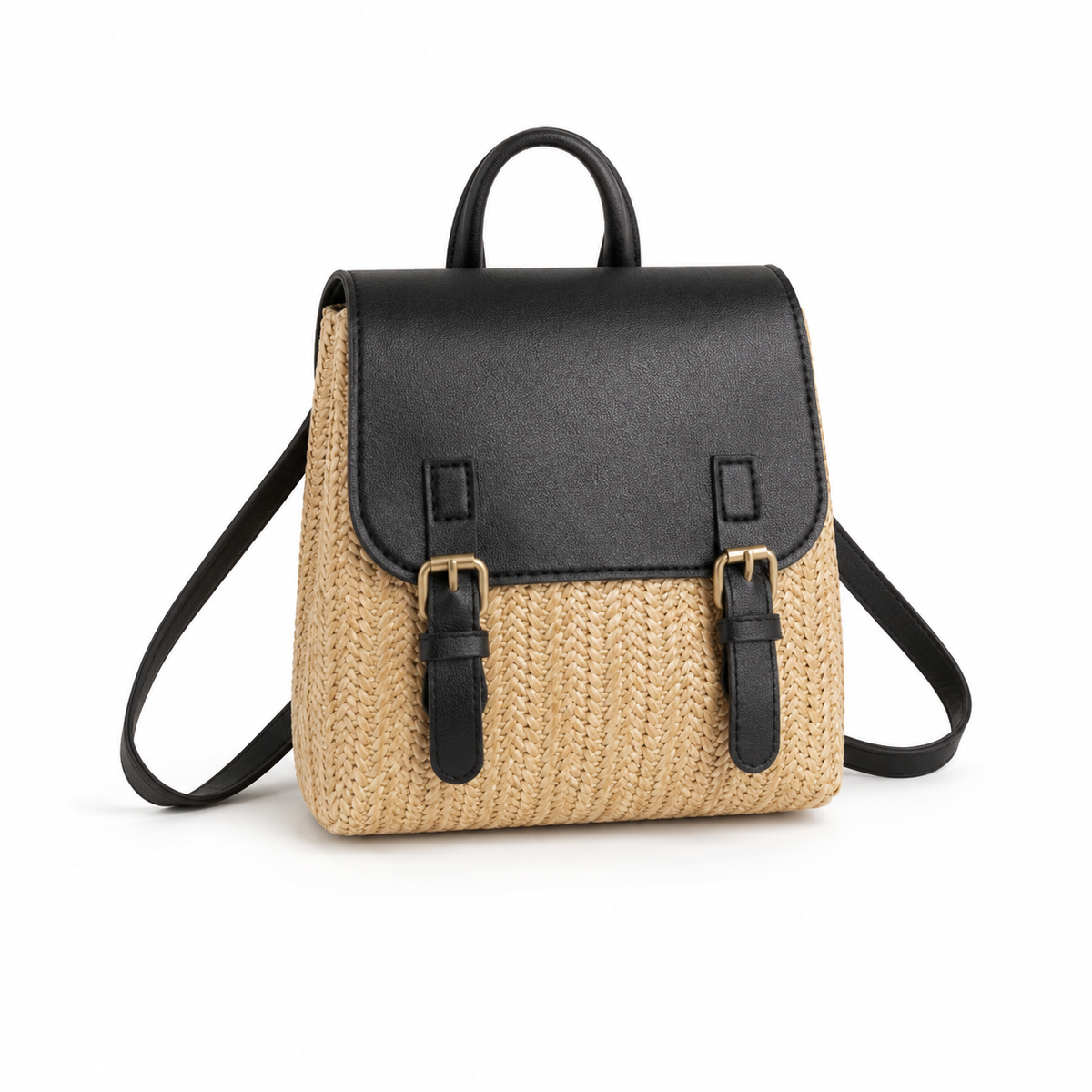 Woven Straw & Black Leather Mini Backpack Handbag-1