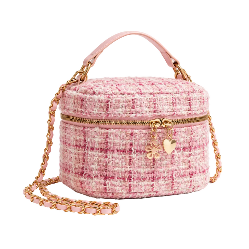 Pink Tweed Crossbody Bag With Charms-1