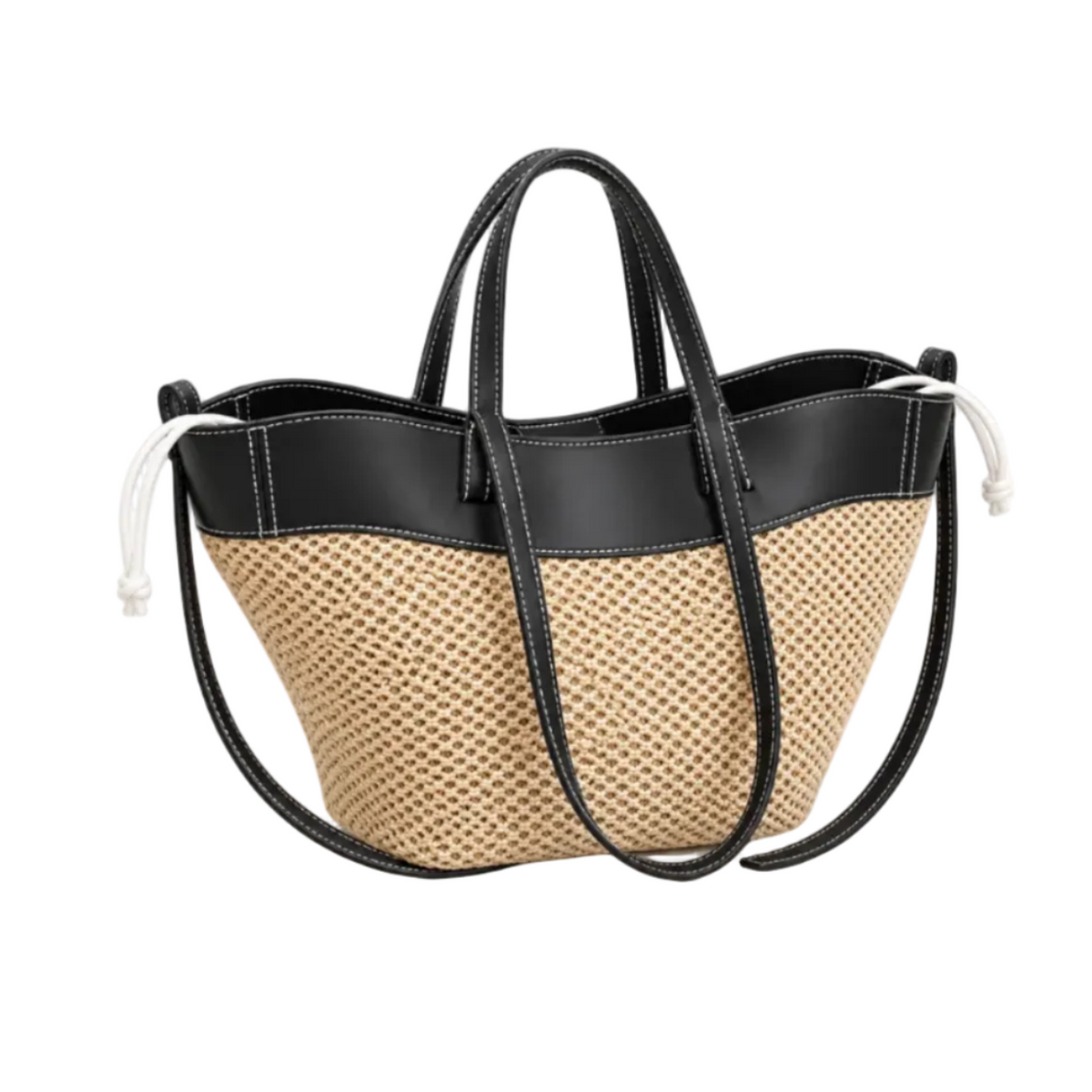 Beige Woven Tote With Black Trim-1