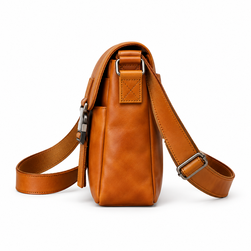 Classic Cognac Leather Messenger Shoulder Bag-2