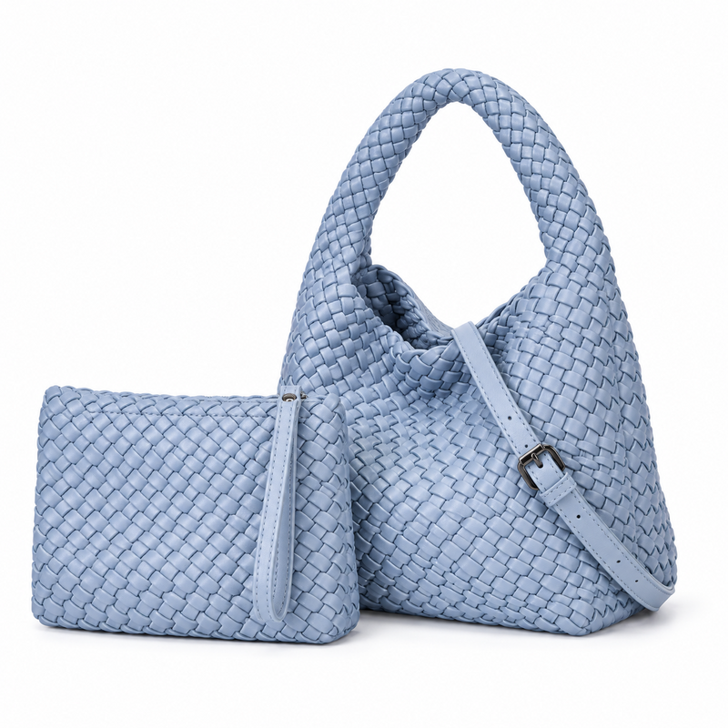 Powder Blue Woven Handbag Pouch Set-3