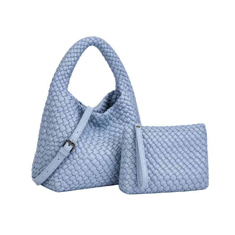 Powder Blue Woven Handbag Pouch Set-1