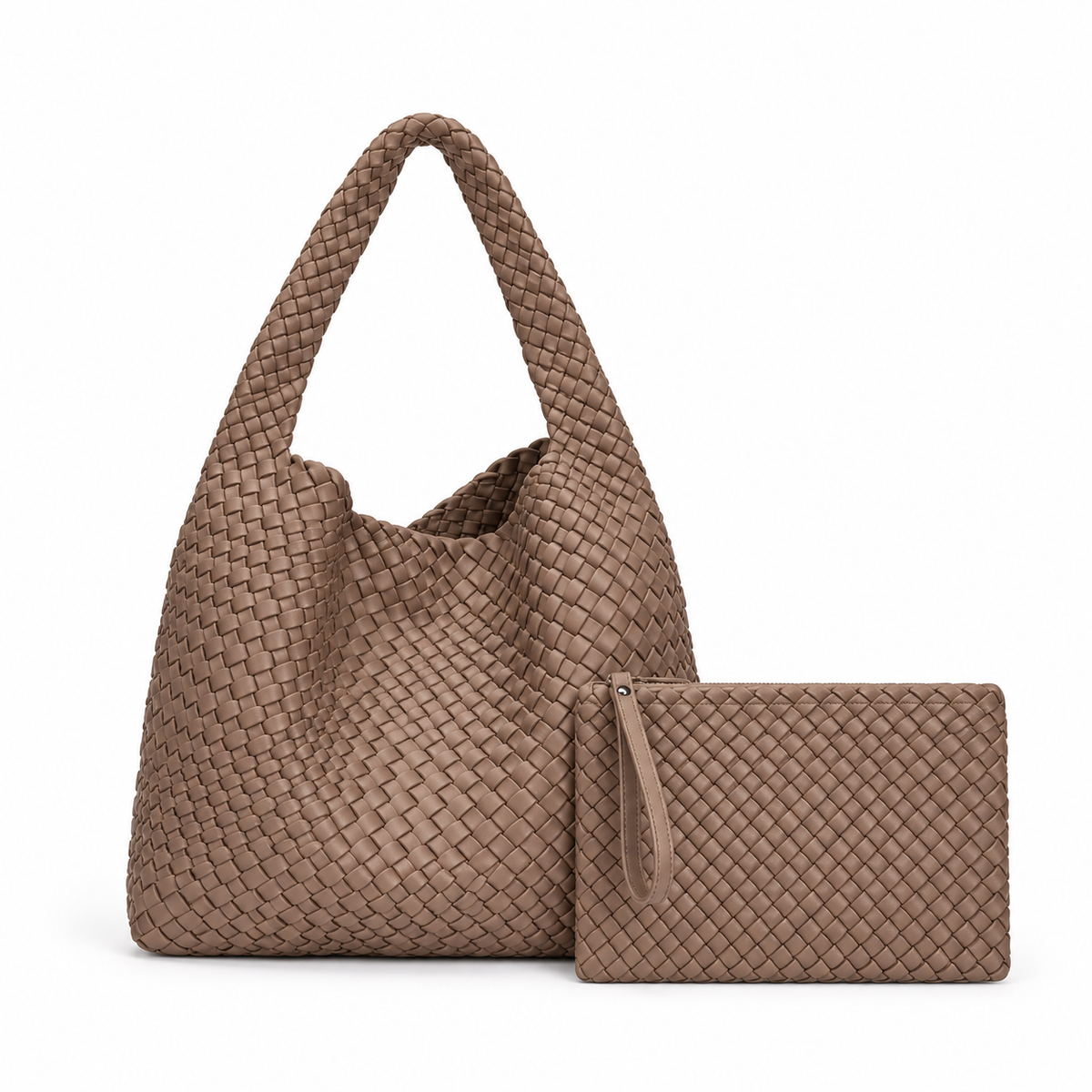 Khaki Woven Shoulder Bag With Pouch-4
