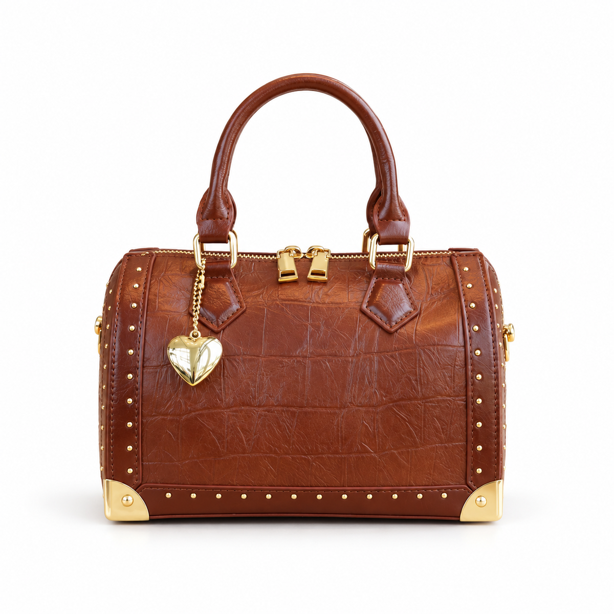 Cognac Brown Crocodile Embossed Leather Satchel-4