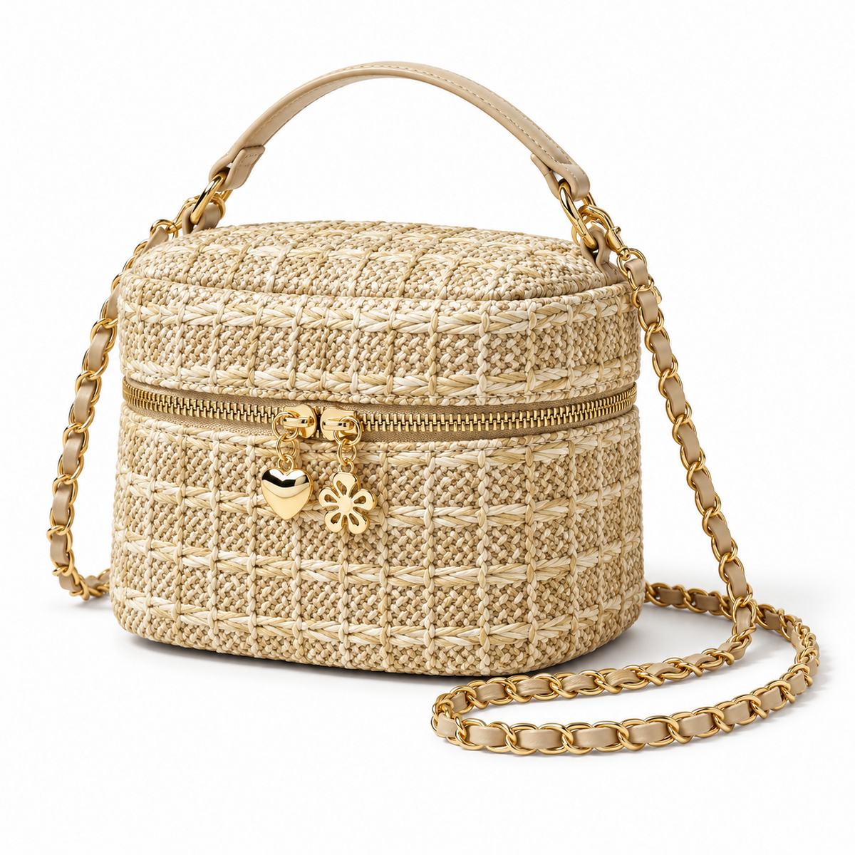 Beige Woven Crossbody Bag With Charms-3