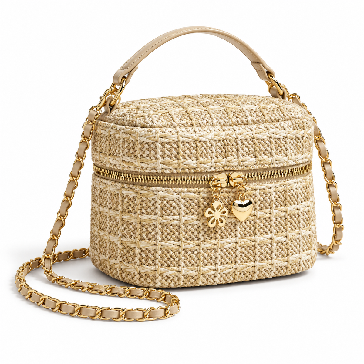 Beige Woven Crossbody Bag With Charms-1