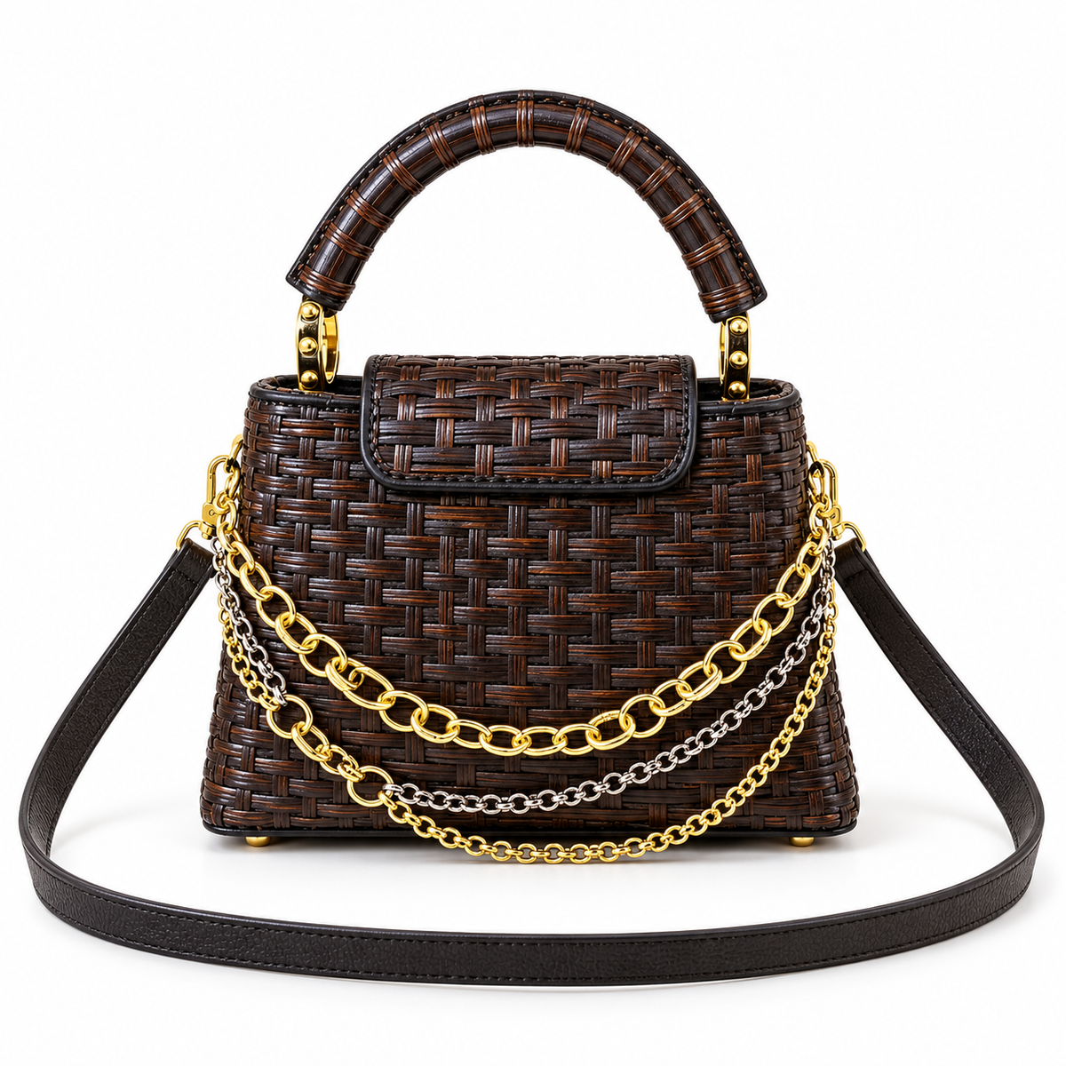 Dark Brown Woven Chain Detail Crossbody Bag-4