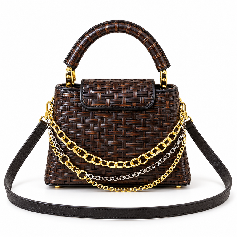 Dark Brown Woven Chain Detail Crossbody Bag-4