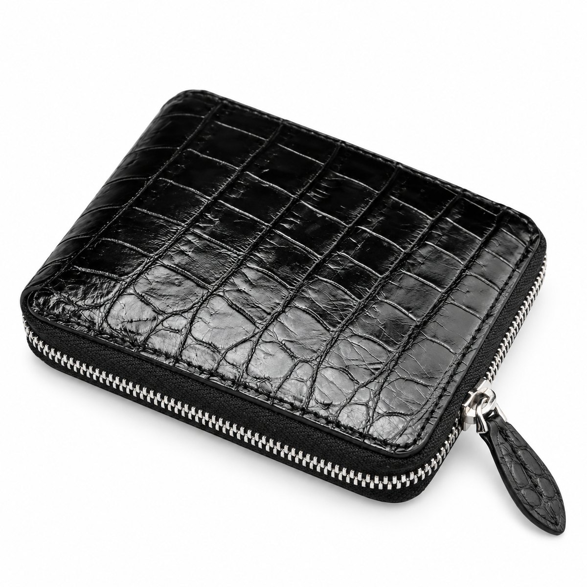 Black Crocodile Textured Compact Zipper Wallet-4