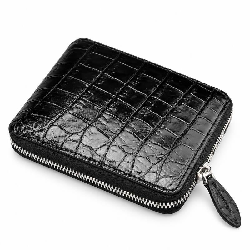 Black Crocodile Textured Compact Zipper Wallet-4