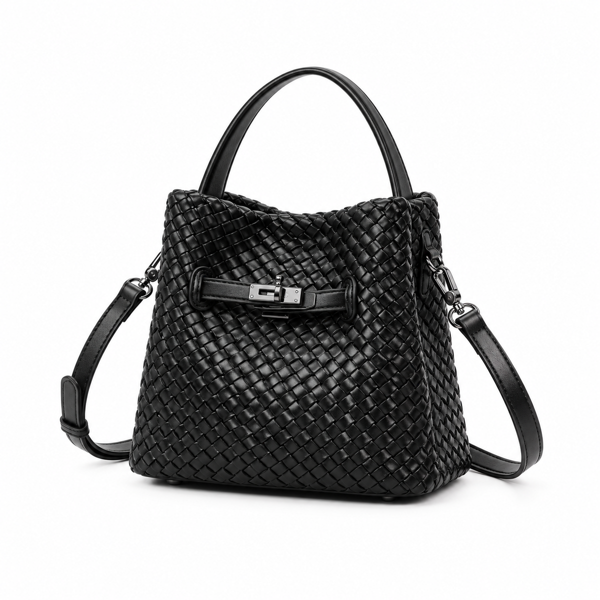 Elegant Black Woven Bucket Shoulder Bag-3