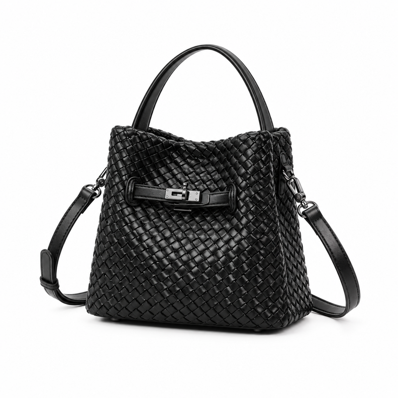 Elegant Black Woven Bucket Shoulder Bag-3