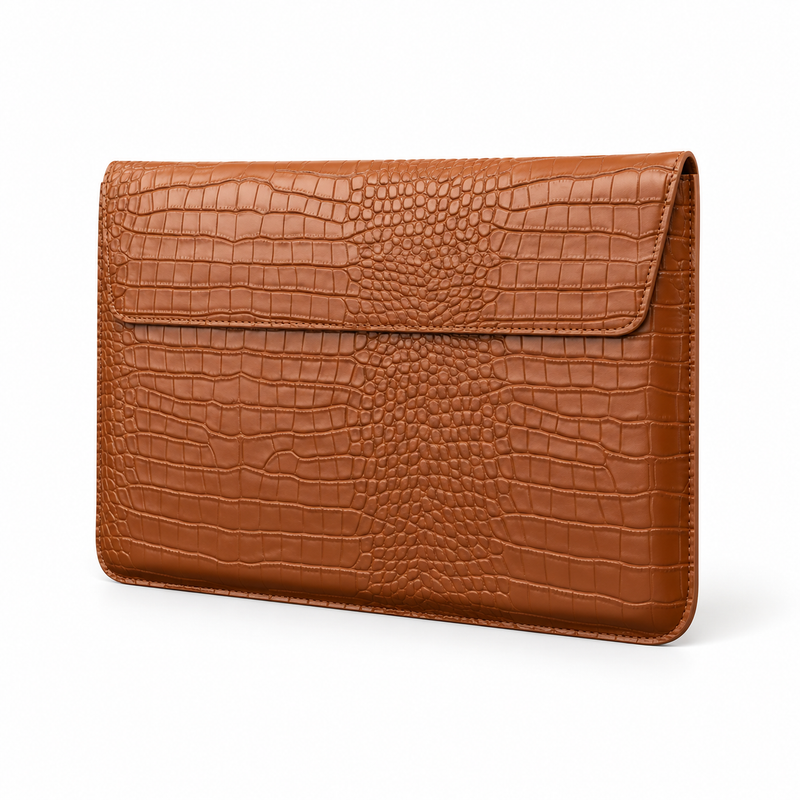 Caramel Crocodile Embossed Leather Laptop Bag-3
