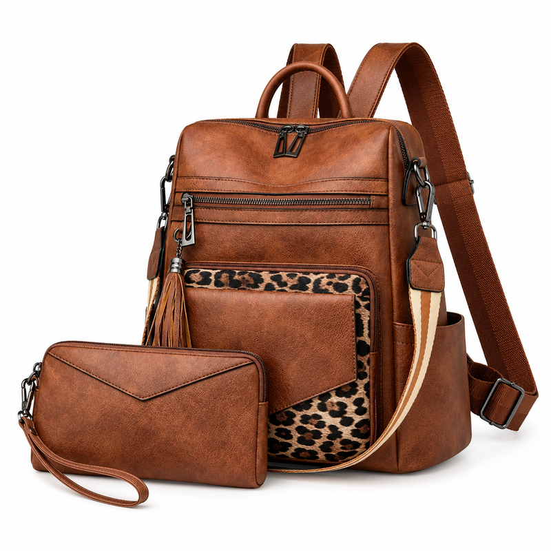 Brown Leopard Accent Backpack Pouch Set-3
