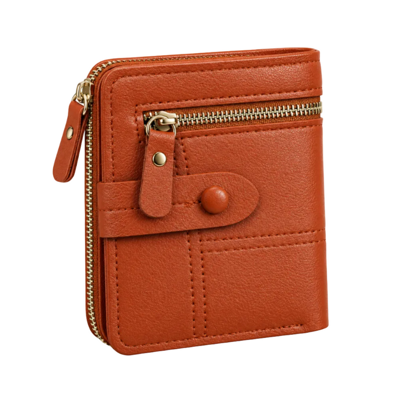 Cognac Compact Wallet With Zipper Pockets-1