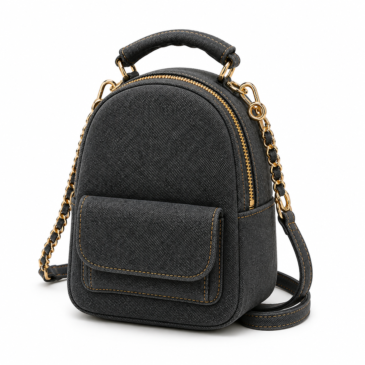 Women’s Black Mini Backpack Handbag with Gold Chain Strap-4