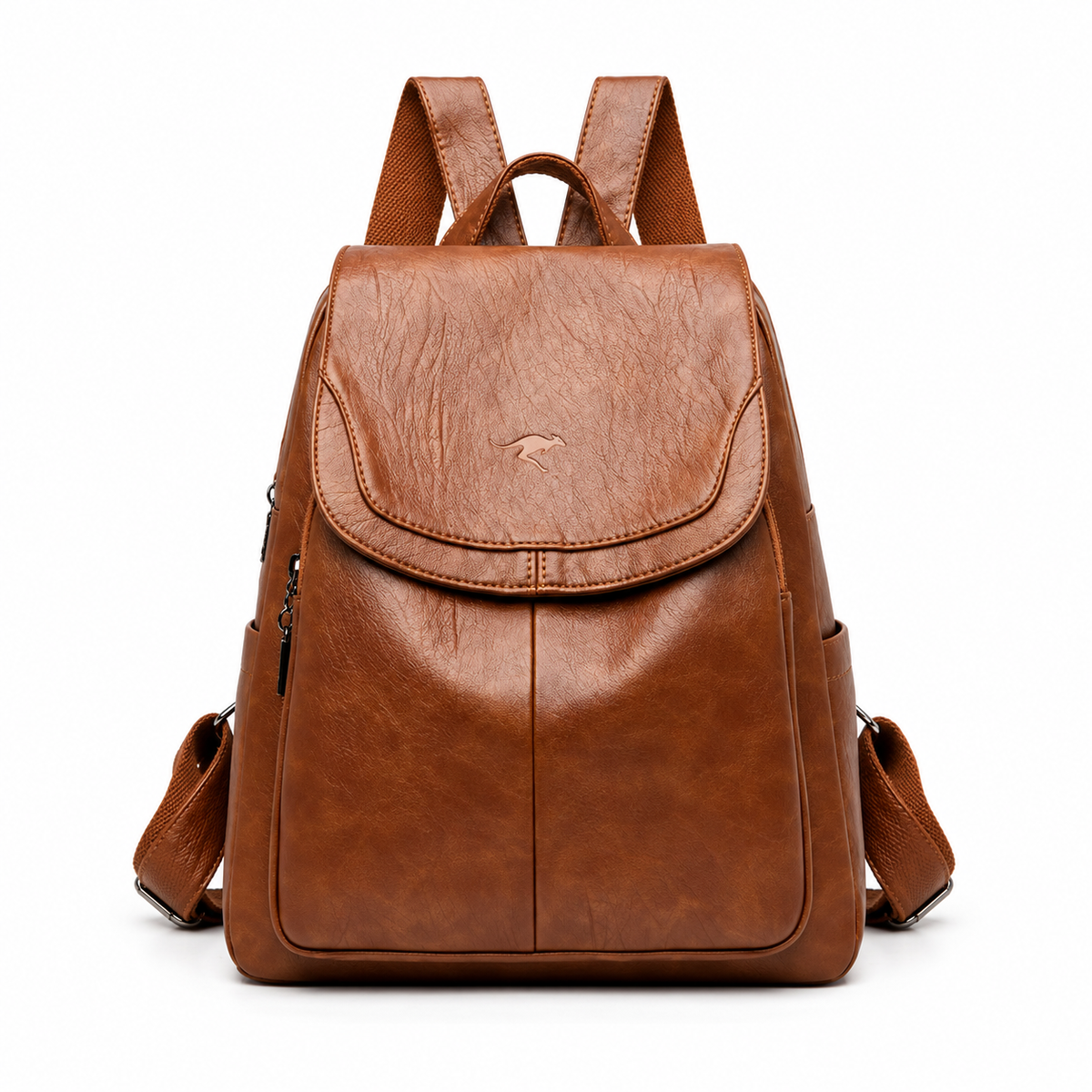 Brown Textured Flap Backpack With Pockets-4