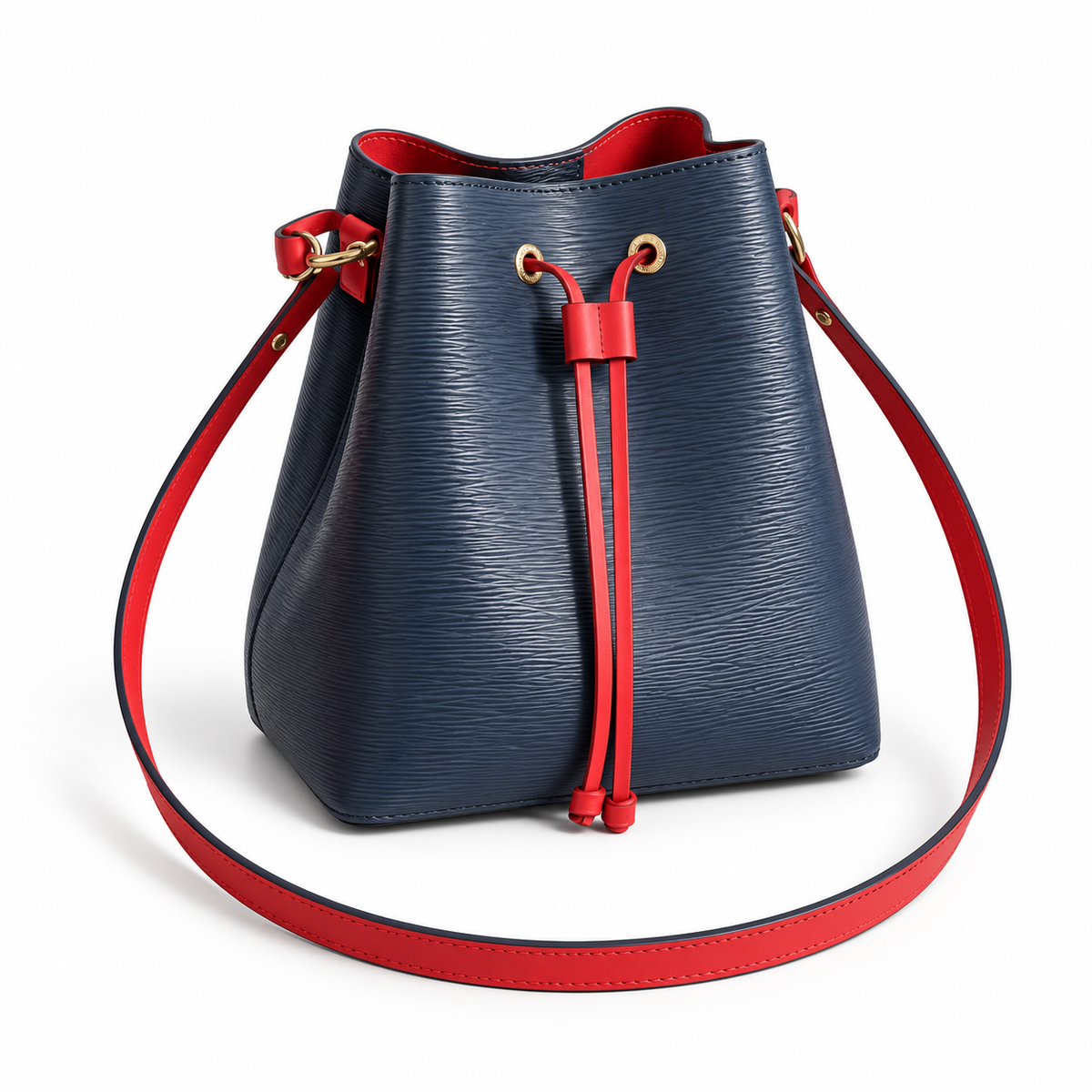 Navy Textured Bucket Bag With Drawstring-1