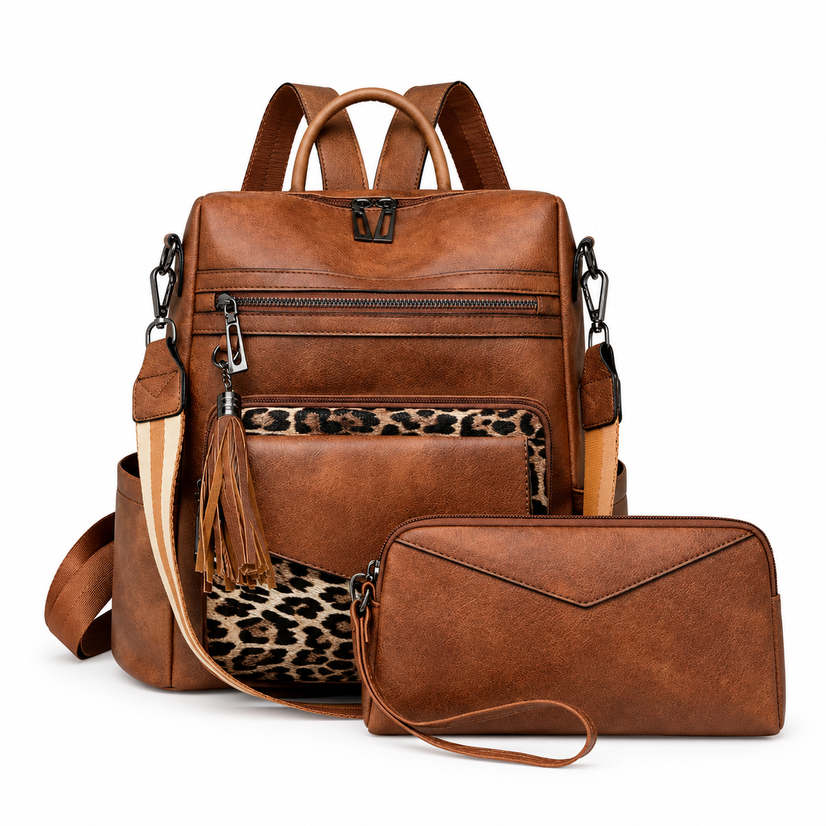 Brown Leopard Accent Backpack Pouch Set-2