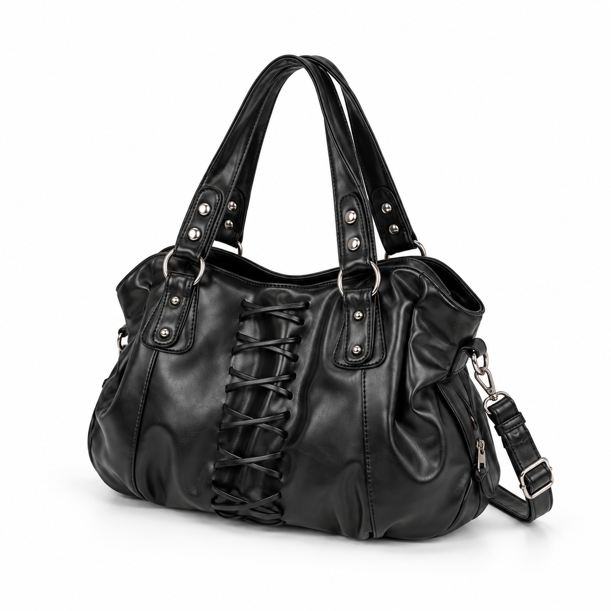 Black Lace-Up Ruched Shoulder Tote Bag-3