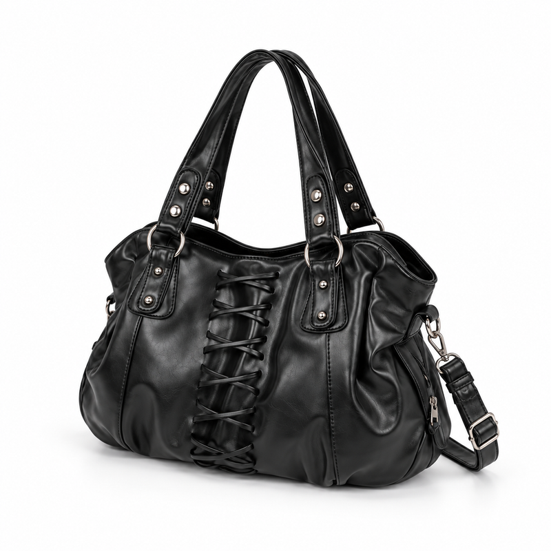 Black Lace-Up Ruched Shoulder Tote Bag-3