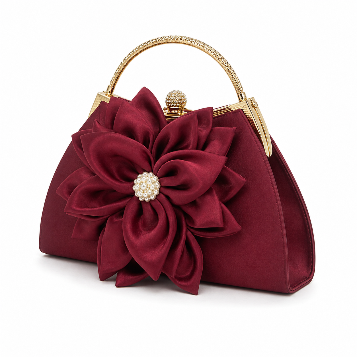 Burgundy Floral Evening Handbag with Gold Handle and Pearl Embellishment-4