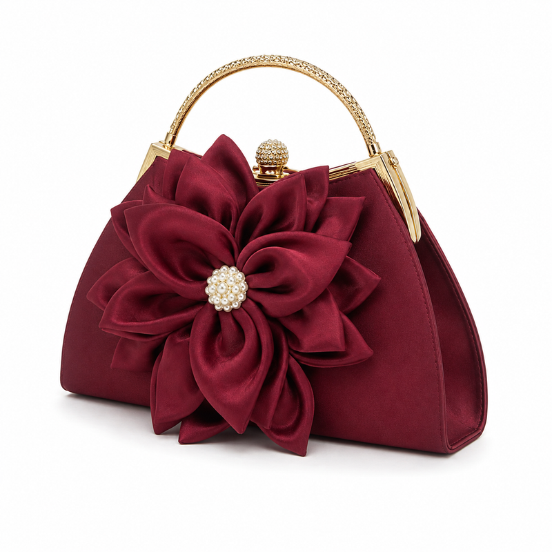 Burgundy Floral Evening Handbag with Gold Handle and Pearl Embellishment-4