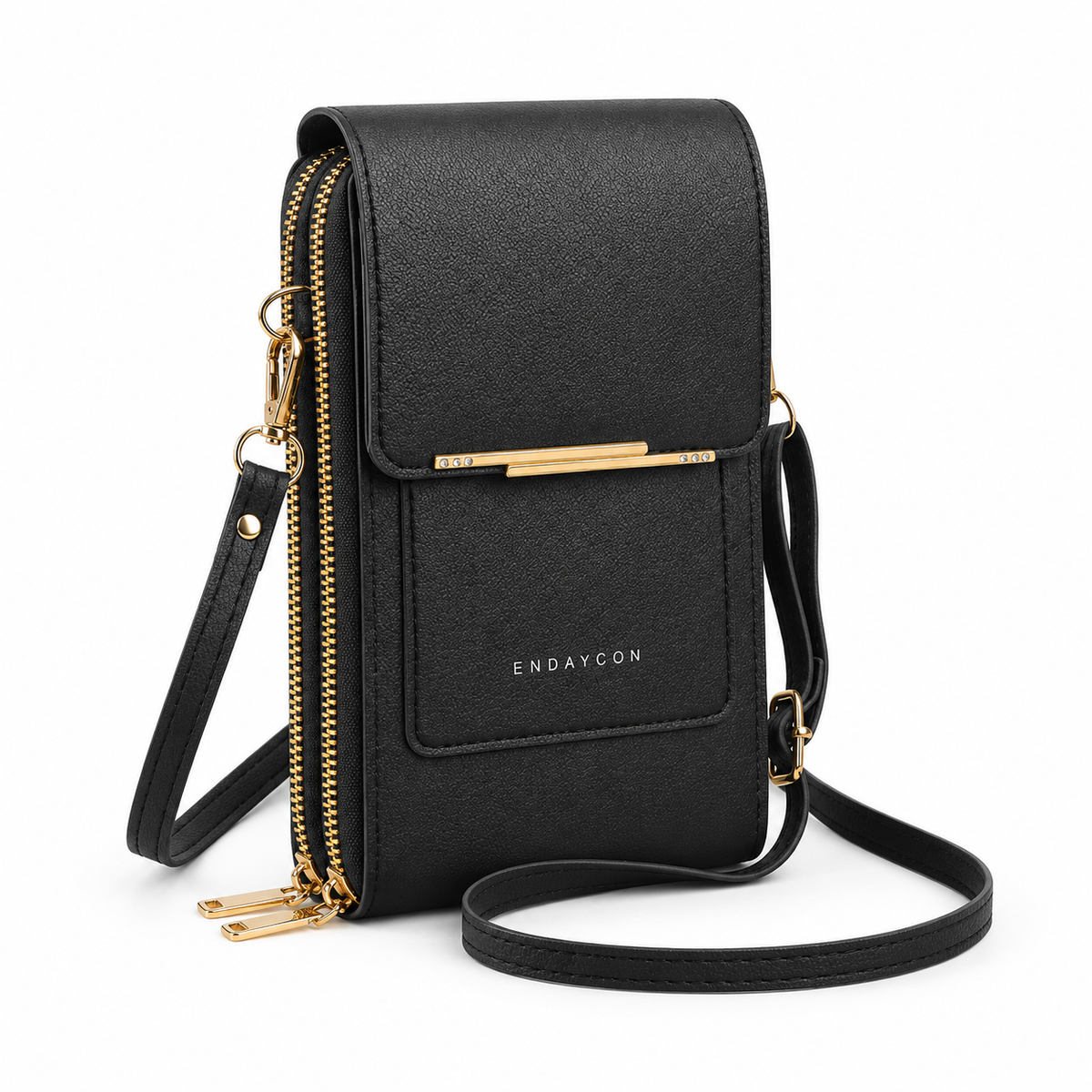 Black Textured Crossbody Bag With Gold-1