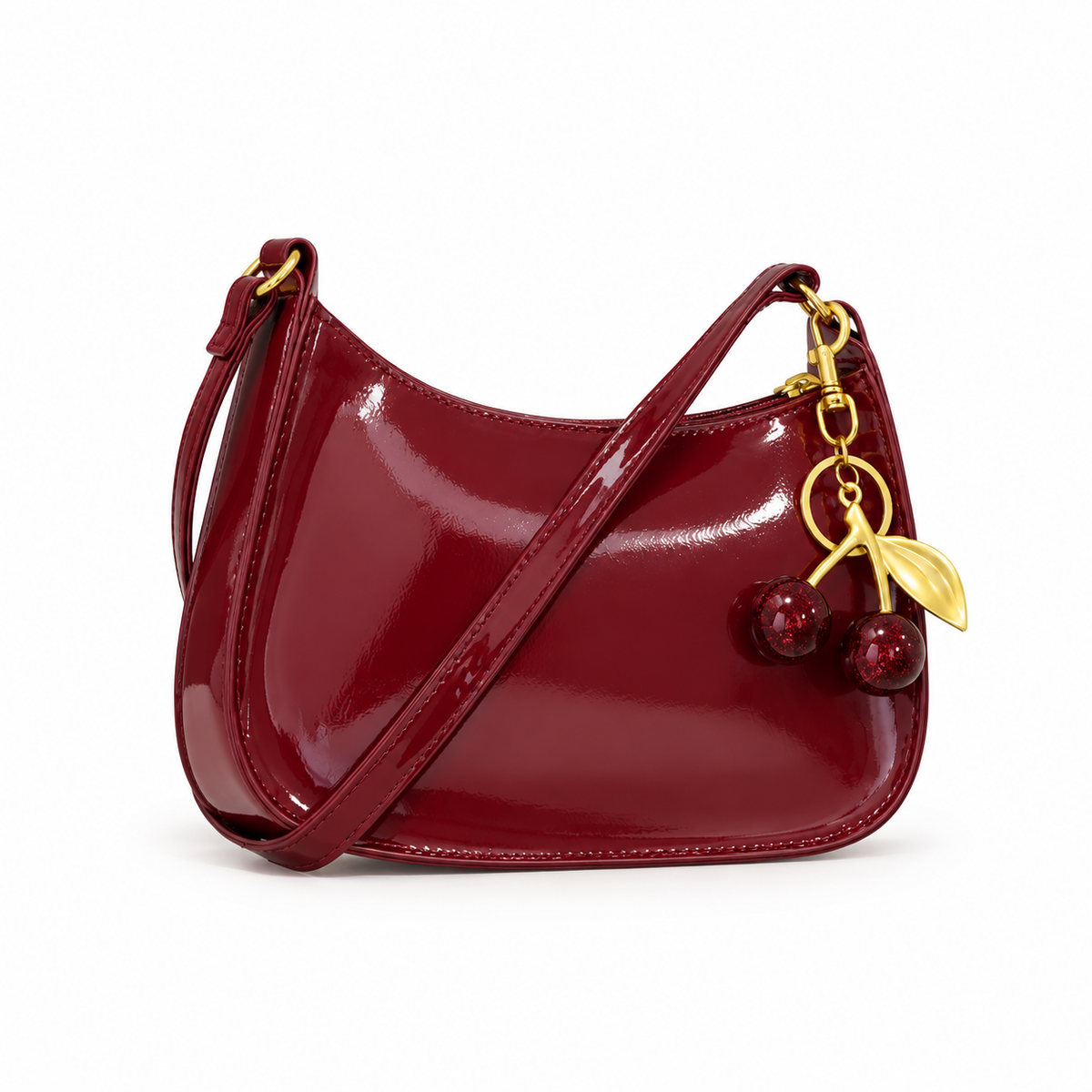 Glossy Burgundy Cherry Charm Shoulder Bag-1