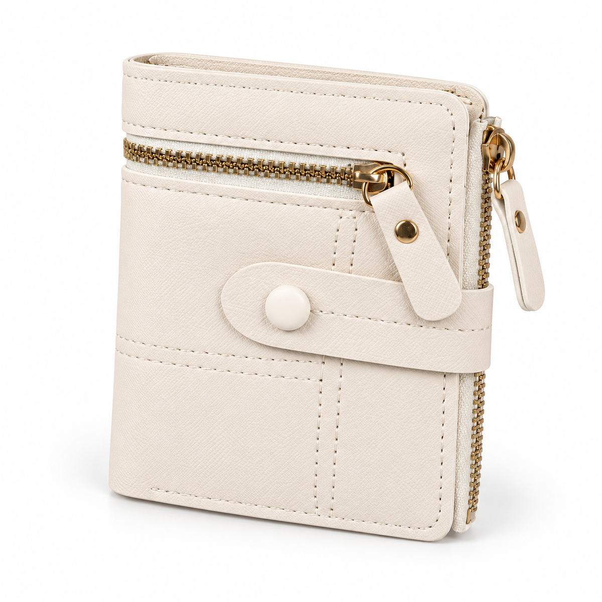 Ivory Compact Bifold Wallet With Zippers-4
