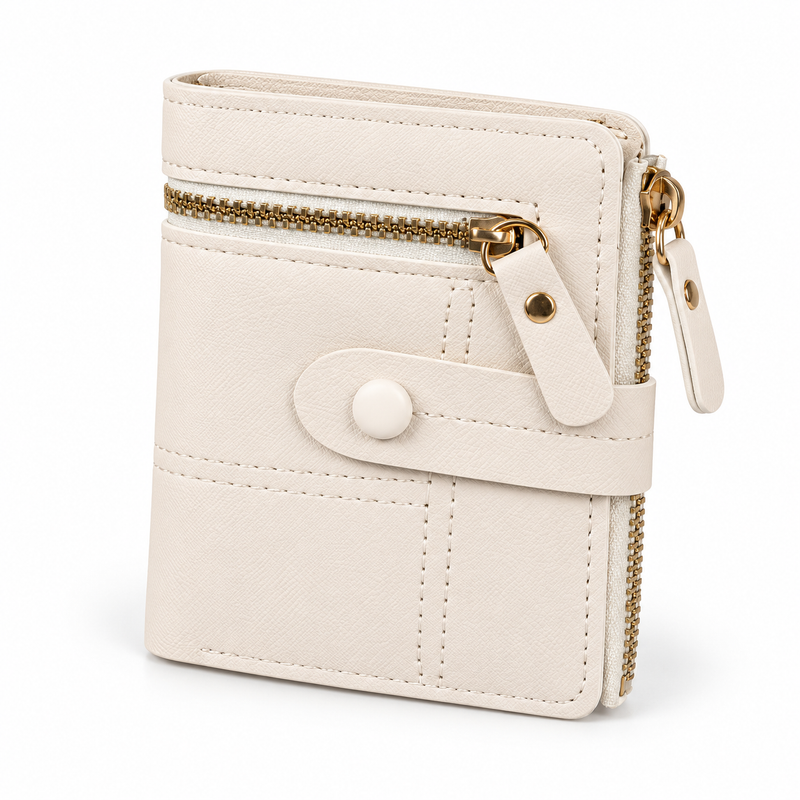 Ivory Compact Bifold Wallet With Zippers-4