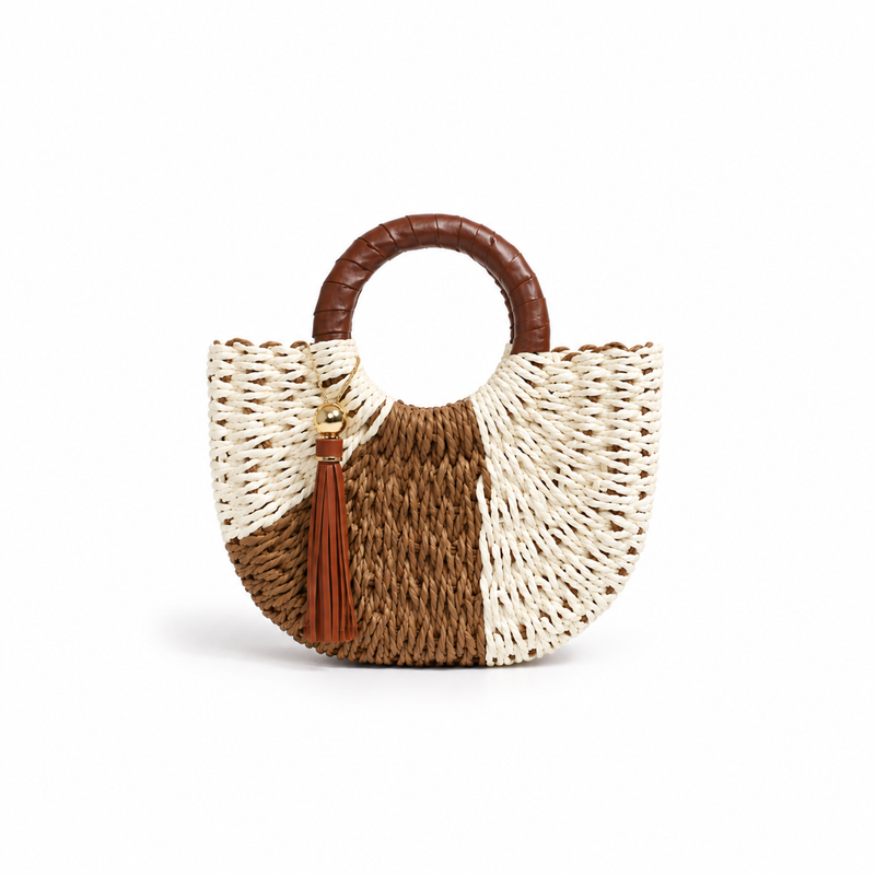 Two-Tone Woven Round Handle Handbag-4