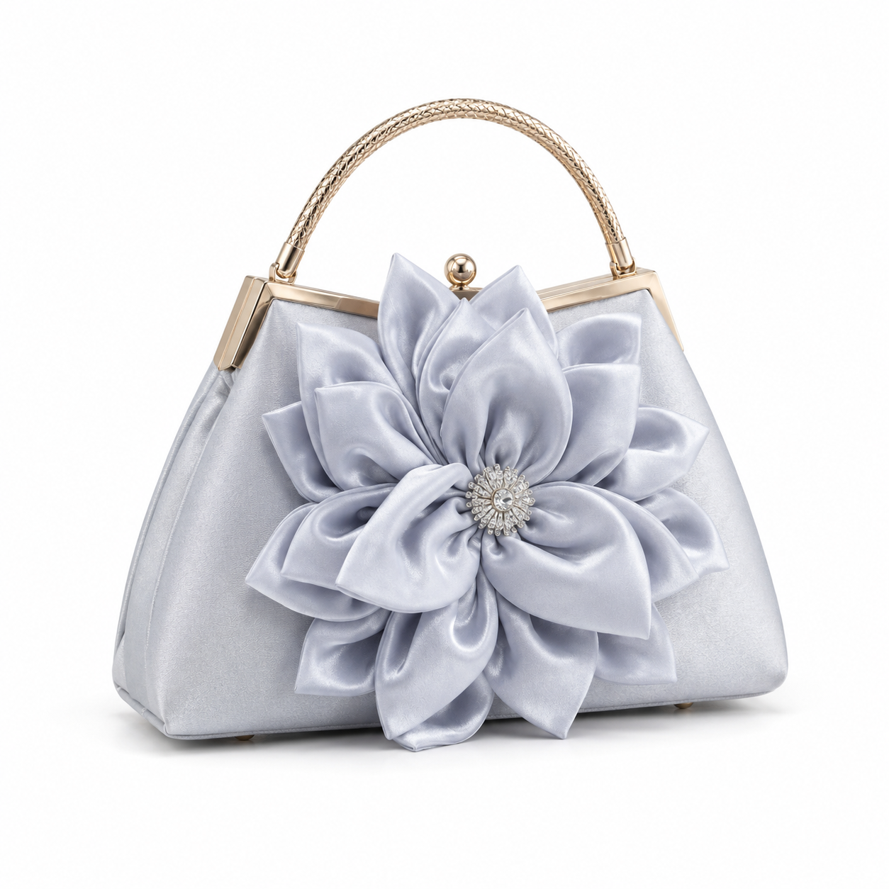 Silver Floral Satin Top-Handle Evening Handbag-4