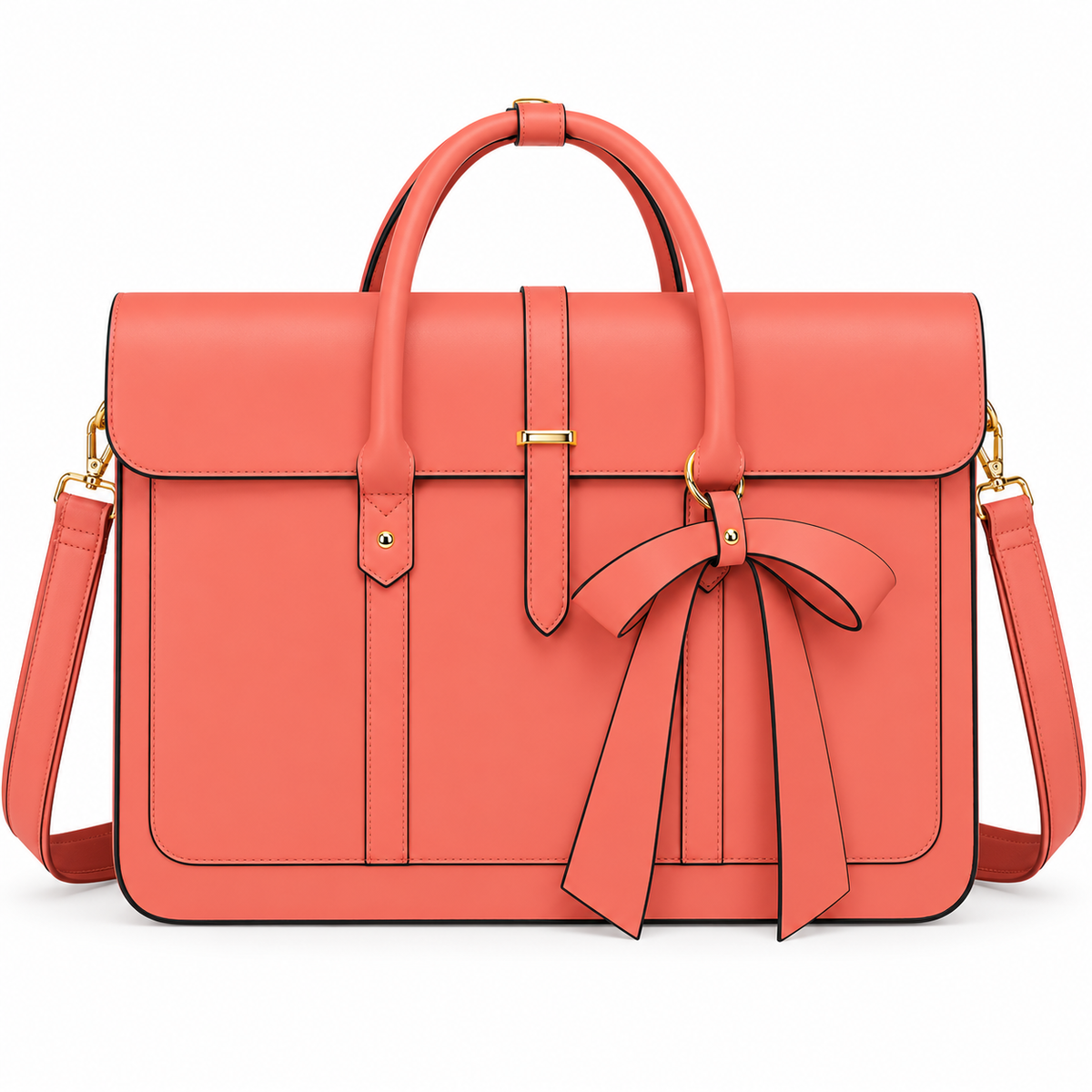 Coral Leather Laptop Bag With Bow-4