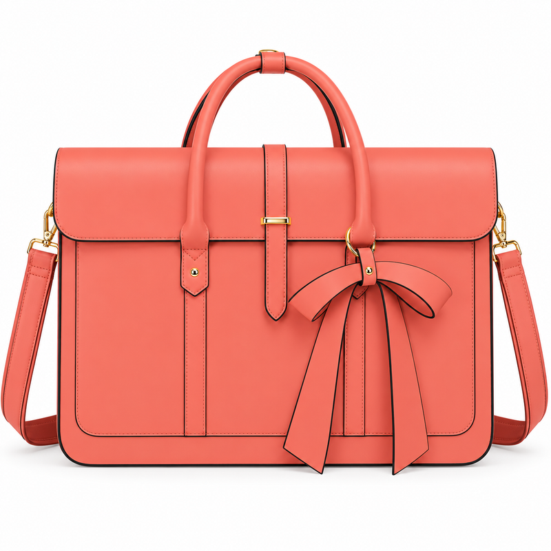 Coral Leather Laptop Bag With Bow-4