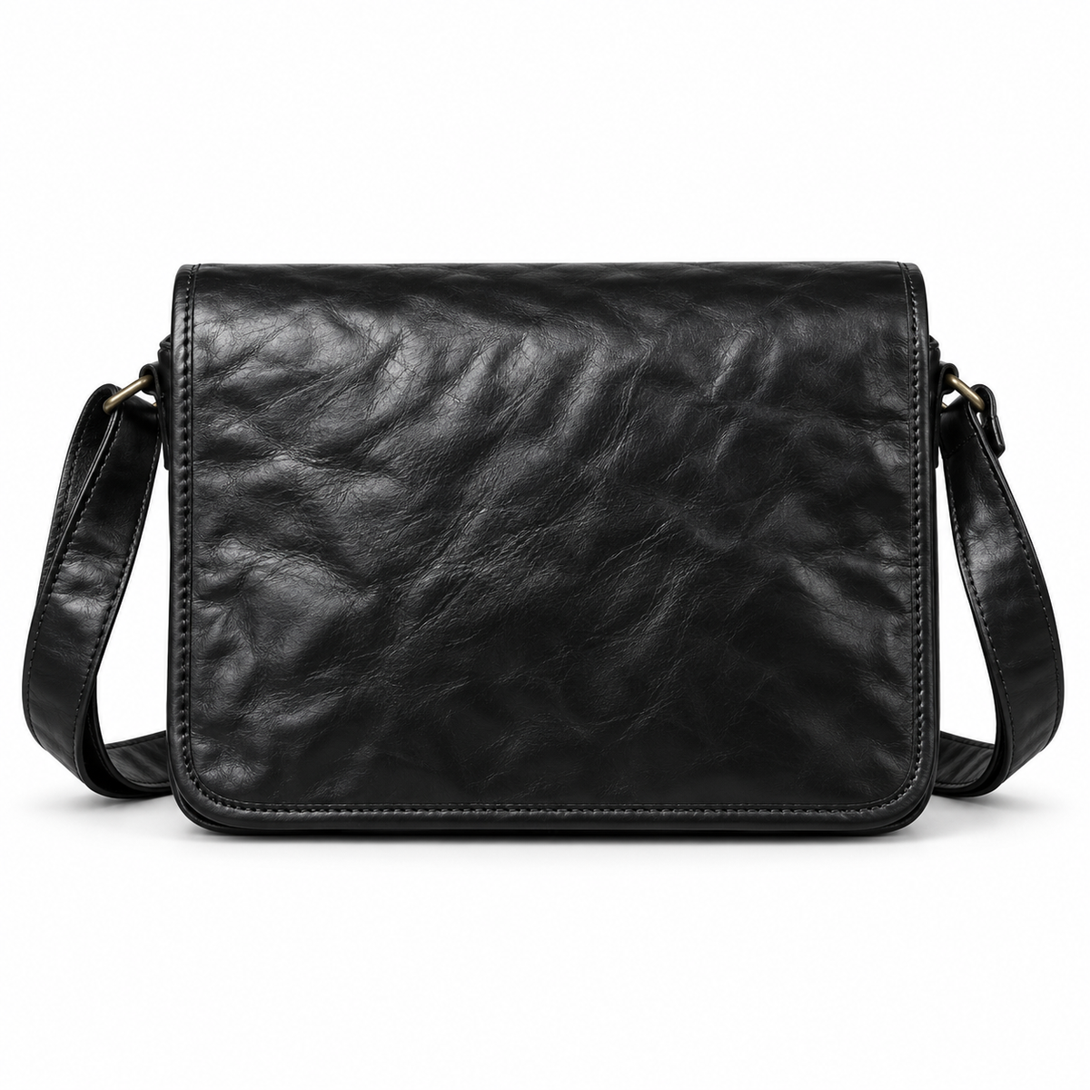 Classic Black Leather Flap Satchel Messenger Bag