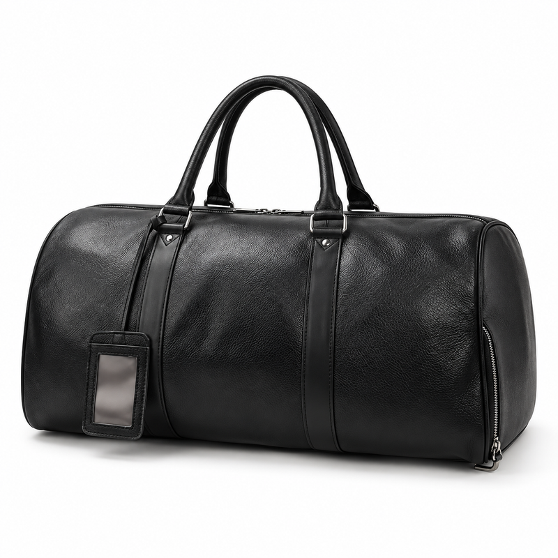 Classic Black Leather Duffel Travel Bag-3