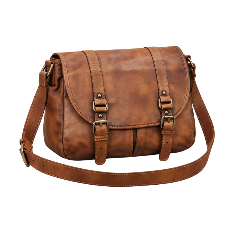 Vintage Brown Leather Double Buckle Satchel-1