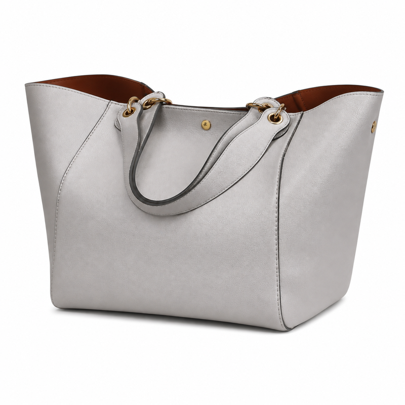 Elegant Light Grey Structured Tote Handbag with Double Handles-3