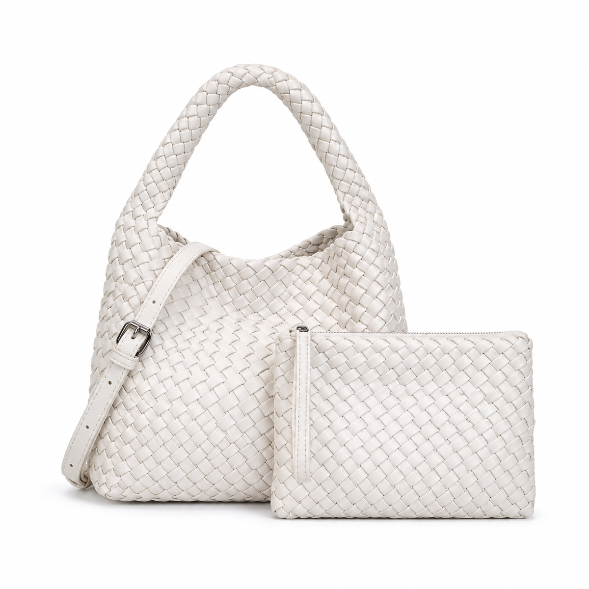 Ivory Woven Shoulder Bag With Pouch-4