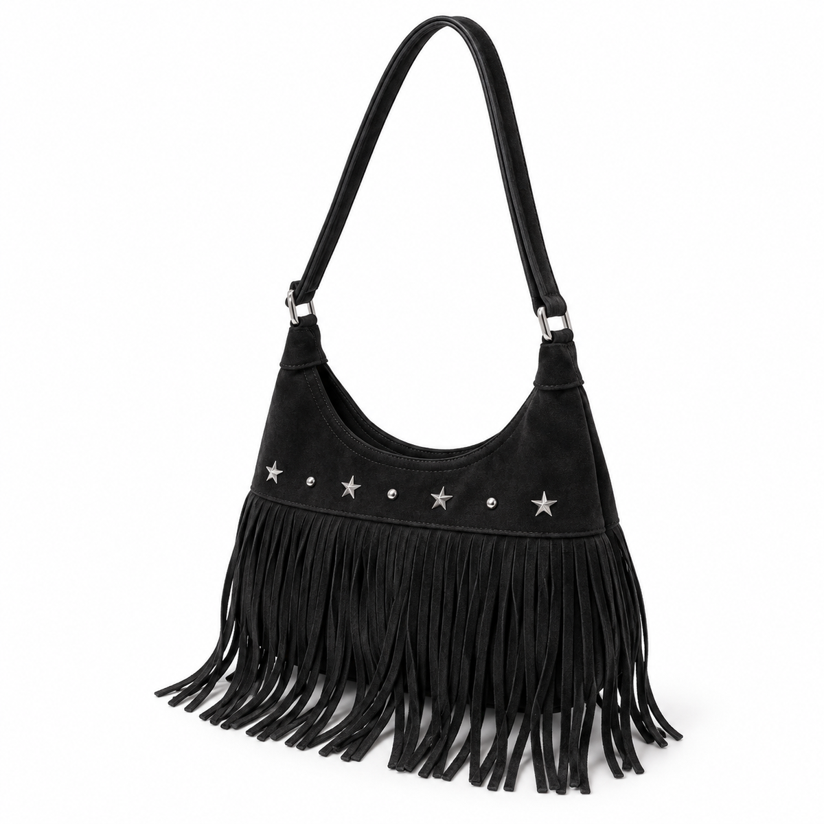 Vintage Black Star Studded Fringe Shoulder Bag-3