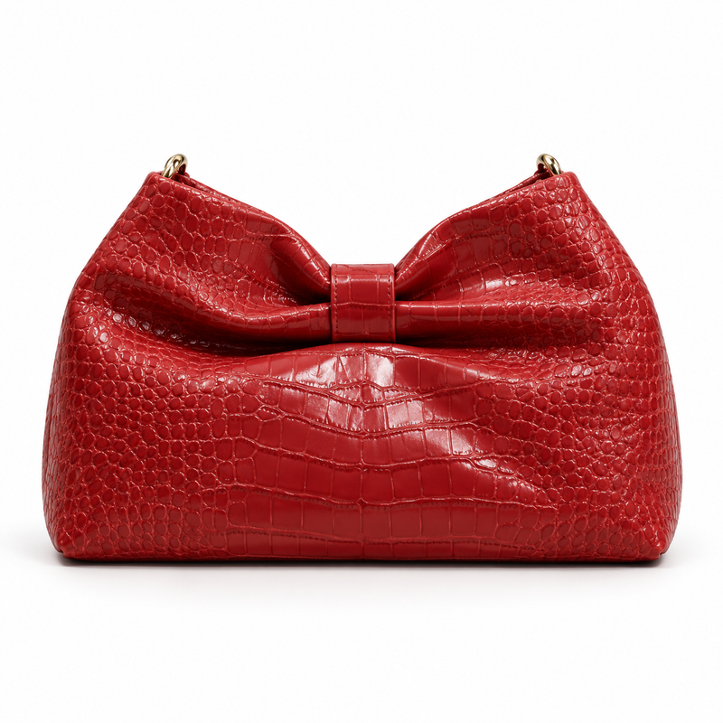Elegant Red Crocodile Embossed Bow Crossbody Bag-2