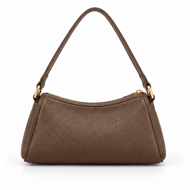 Coffee Textured Shoulder Bag With Zipper-2
