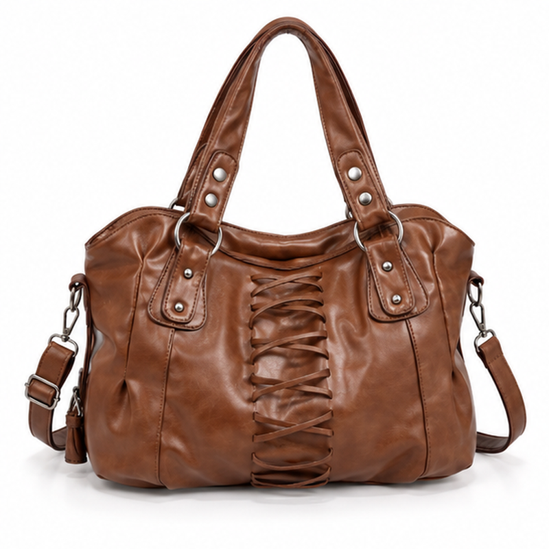 Vintage Coffee Lace-Up Leather Shoulder Handbag-4