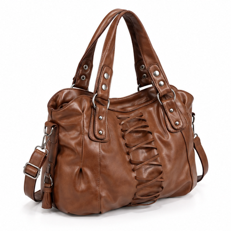 Vintage Coffee Lace-Up Leather Shoulder Handbag-1